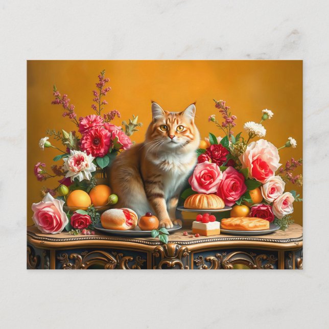 Klassisk stilleben med katt och naturens överflöd vykort (Framsida)