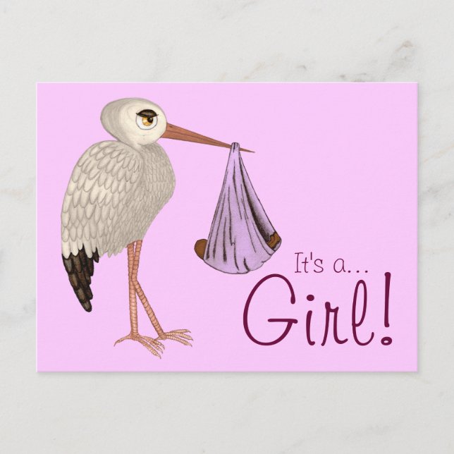 Klassisk stork (Rosa) 2 (babyskal) Inbjudan Vykort (Framsida)