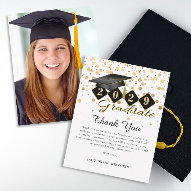 Klassisk Studentmössa Black Guld Photo Tack Kort (Classic Graduation Cap Black Gold Photo Thank You Card)