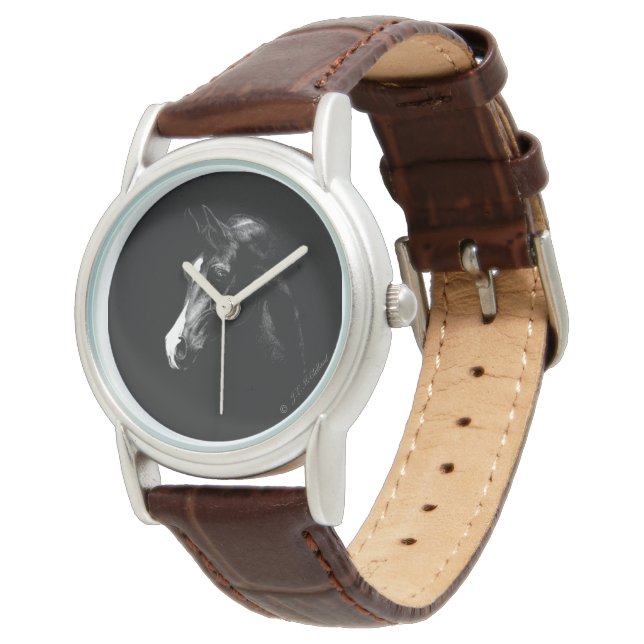 Klassisk svart arabisk häst på en armbandsur (Vinklad)