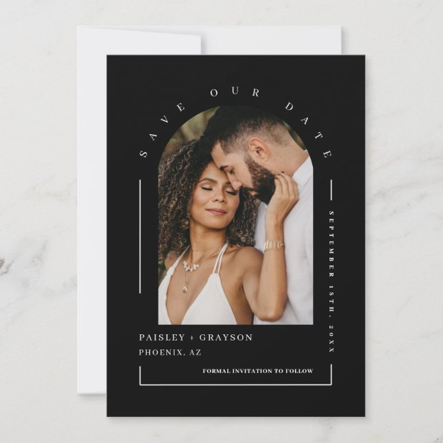 Klassisk, svart, avstämningsfoto QR-Spara - vår in Inbjudningar (Framsida)