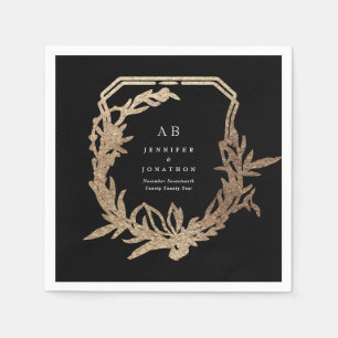 klassisk svart blommigt guld motif monogram bröllo pappersservett