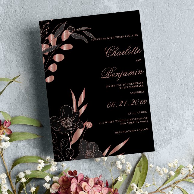 Klassisk svart blommigt ro guld elegant bröllop inbjudningar (Classic black rose gold elegant floral wedding)