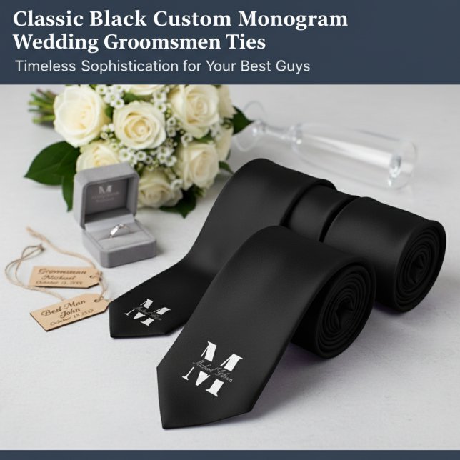 Klassisk svart | Bröllopskrage med eget monogram f Slips (Classic Black | Custom Monogram Wedding Groomsmen Neck Tie)