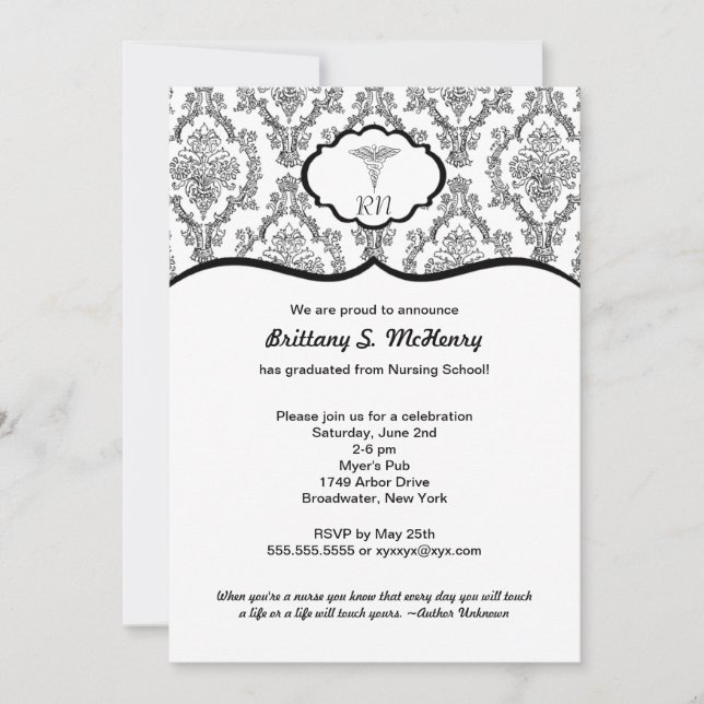 Klassisk svart Damask Nurse studenten RN BSN Inbjudningar (Framsida)
