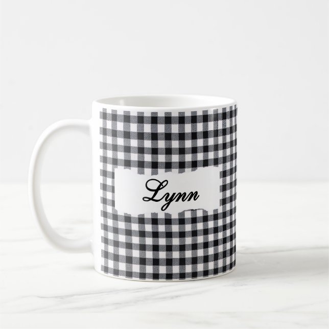 Klassisk svart gingham-personlig namn  kaffemugg (Vänster)