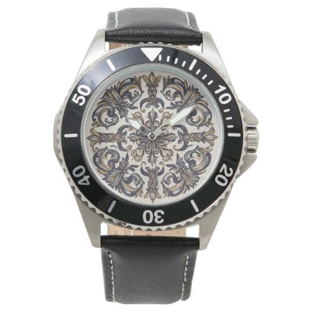 Klassisk svart guldmosaik konst, herrklocka armbandsur (Framsida)