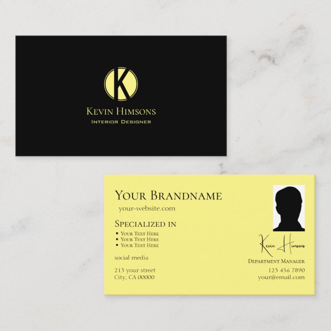 Klassisk, svart, Gult med Monogram och foto Visitkort (Fram/baksida)