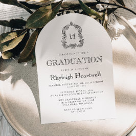 Klassisk svart monogram-kröningsbåge-examensfest inbjudningar