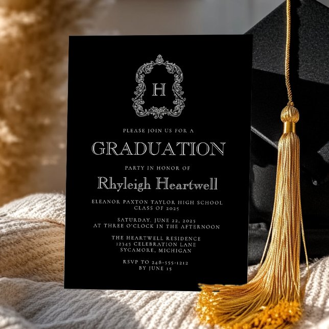 Klassisk svart monogram toppdekoration för examens inbjudningar (Skapare uppladdad)