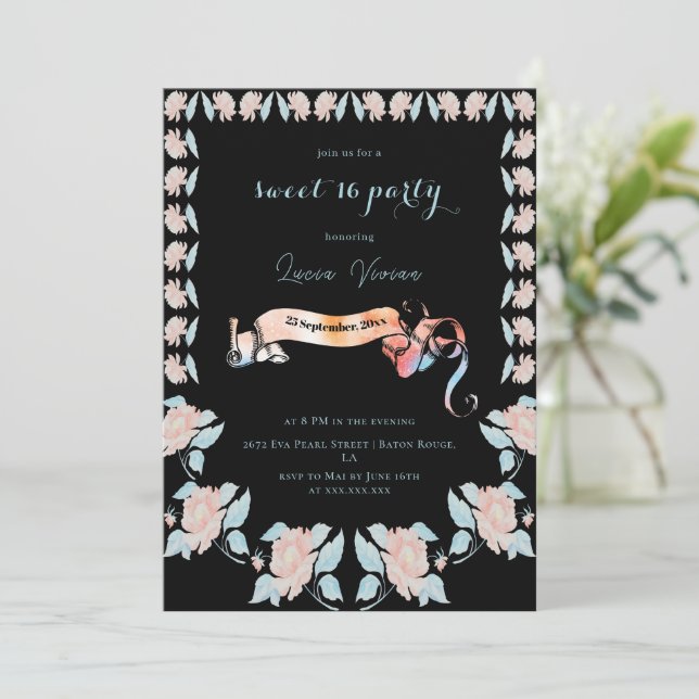 Klassisk svart och Ljus rosa blommigt söt 16 Inbjudningar (Stående Fram)