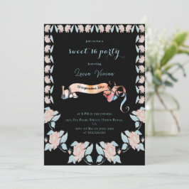 Klassisk svart och Ljus rosa blommigt söt 16 Inbjudningar