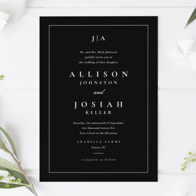 Klassisk svart och vit Bröllop Inbjudningar (Classic formal black and white wedding invitation with couples monogram and elegant typography.)