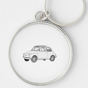 Klassisk svart och vit penna Teckning Fiat 500 Rund Silverfärgad Nyckelring