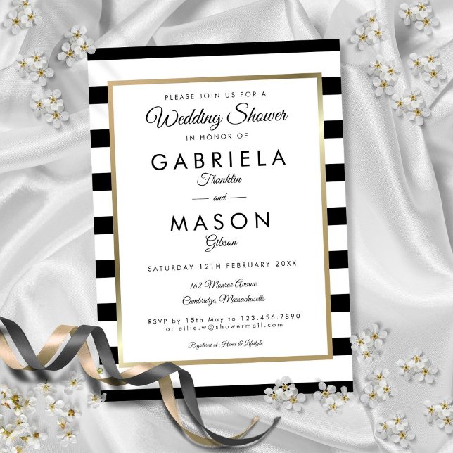 Klassisk svart och vit randig guldbröllopsfest inbjudningar (Classic Black And White Stripe Gold Wedding Shower Invitation)