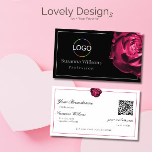 Klassisk svart och vit Röd ros med Logotyp QR-kod Visitkort