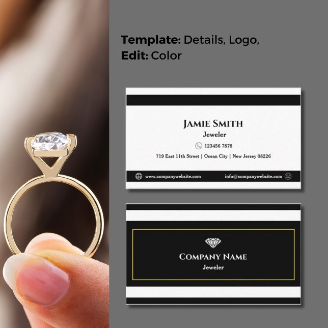 Klassisk svart och vit timodig rättesjuvel visitkort (Classic Black & White Timeless Elegance Jeweler's Business Card, Slim Stripe Design, Golden Yellow)