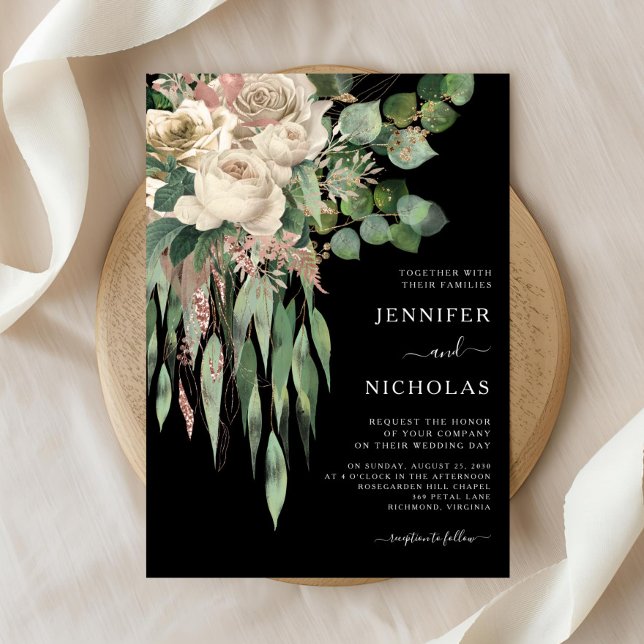 Klassisk Svart Pion Bröllop Inbjudningar (Classic Black Peonies Wedding Invitation)