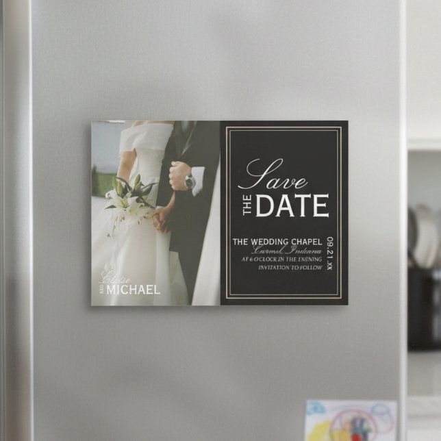 Klassisk Svart Redaktionell Foto Spara Datum (Invite guests to your formal affair with this Classic Black Editorial Photo Save the Date Magnet!)