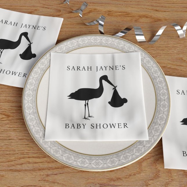 Klassisk svart stork Baby Shower White Napkins Pappersservett (Choose the color of your baby shower napkins or keep the classic black stork with white.)