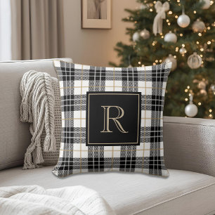 Klassisk svart Tartan-rutig anpassad initial Kudde