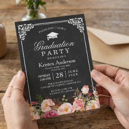 Klassisk svart tavla ram blomster examensfest inbjudningar