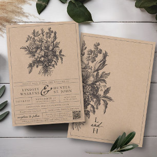 Klassisk svart vintage blomster rustik kraft bröll inbjudningar