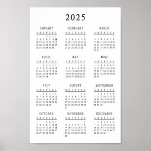 Klassisk svart-vit 2025 Enkel Grundläggande Kalend Poster