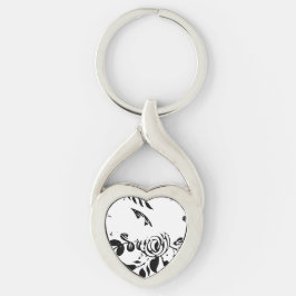 Klassisk svart & vit bleknad blomsterhjärta nyckel twisted heart silverfärgad nyckelring