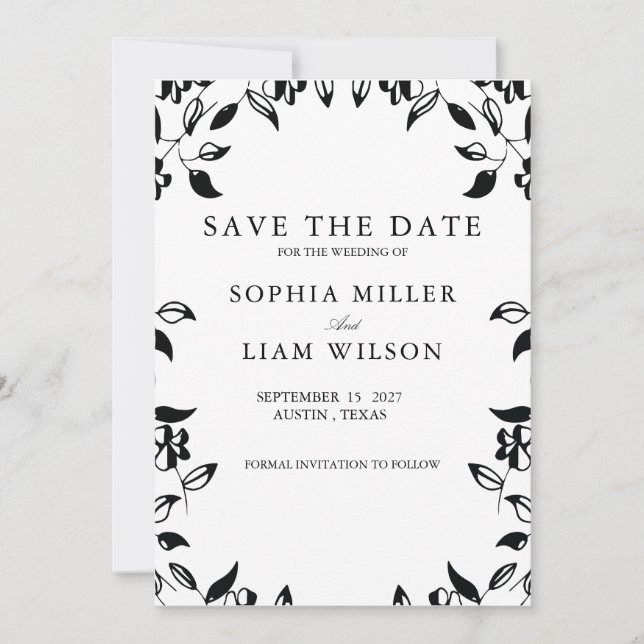 Klassisk svart vit BRöllops- blommig Spara datum  Inbjudningar (Framsida)