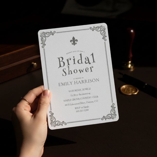 Klassisk svart-vit bröllopsfestinbjudan inbjudningar (Elegant black and white bridal shower invitation featuring timeless serif typography and classic)