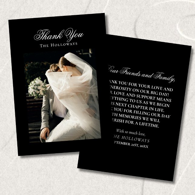 Klassisk svart-vit bröllopsfototackkort tack kort (Classic Black & White Wedding Photo Thank You Card)
