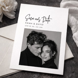 Klassisk svart-vit fotobryllopps-save the date spara datumet