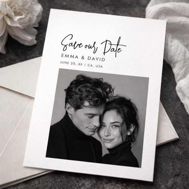 Klassisk svart-vit fotobryllopps-save the date spara datumet (Skapare uppladdad)