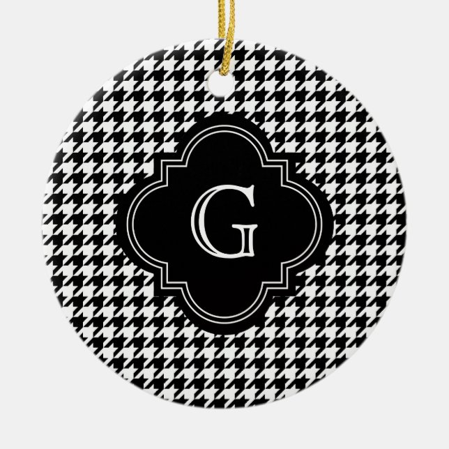 Klassisk svart vit houndstooth med monogram julgransprydnad keramik (Framsidan)
