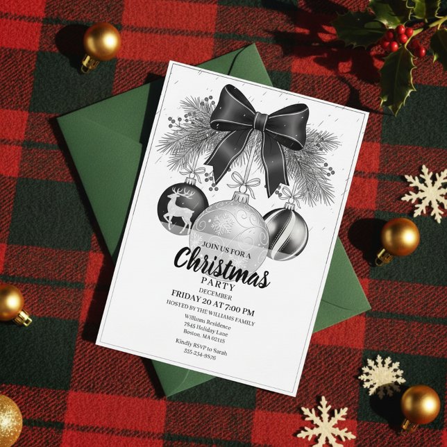 Klassisk svart-vit julfestinbjudan inbjudningar (Vintage Christmas Party, Timeless Holiday Celebration, Elegant Bow Invitation)