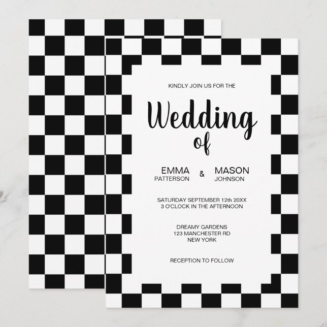 Klassisk svart-vit kakelram inbjudningar (Fram/baksida)