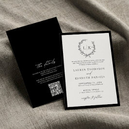 Klassisk svart vit monogram QR-kod Bröllop Inbjudningar
