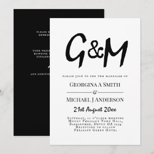 Klassisk svart vit monogram typografi bröllop inbjudningar