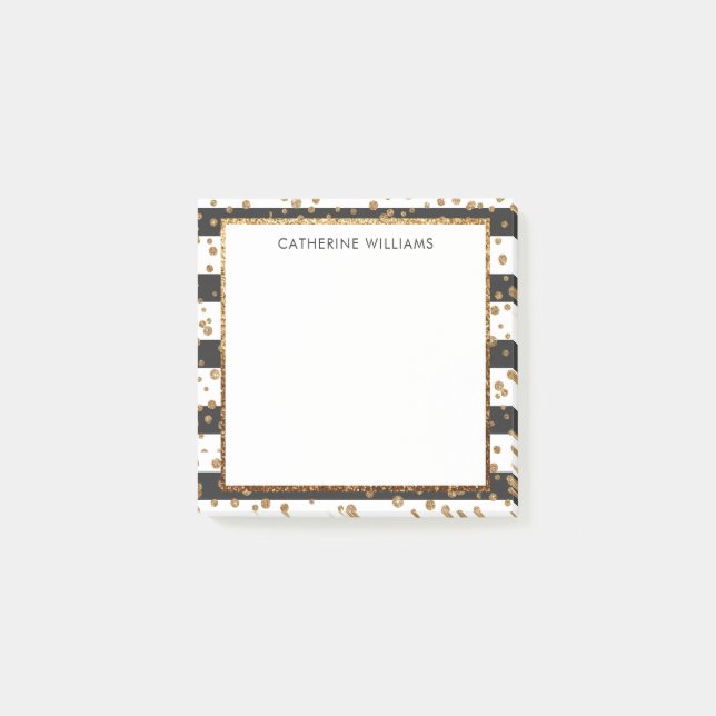 Klassisk svart vit Rand Guld-Glitter-konfetti Post-it Block (Framsida)
