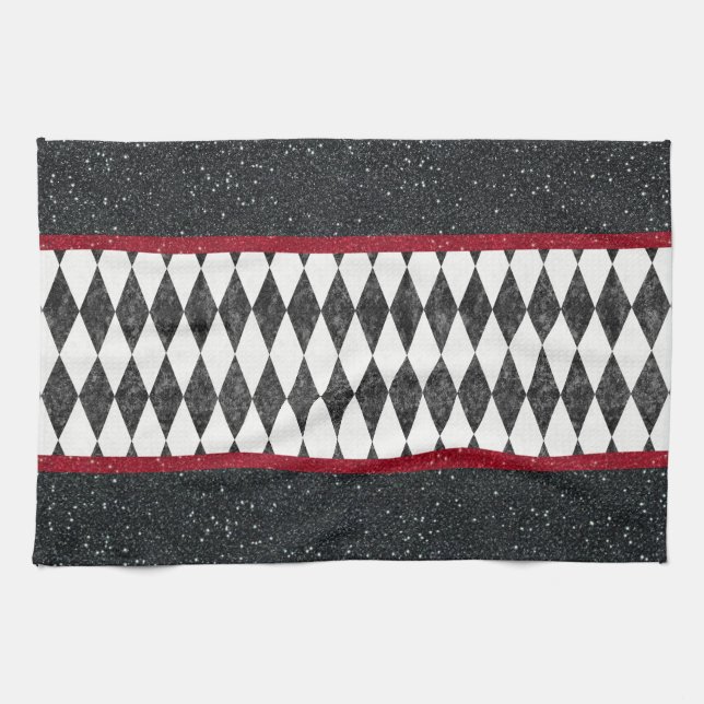 Klassisk svart vit röd Harlequin Diamond Argyle Kökshandduk (Horisontell)