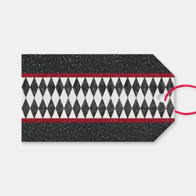 Klassisk svart vit röd Harlequin Diamond Argyle Presentetikett (Framsidan (Horisontell))