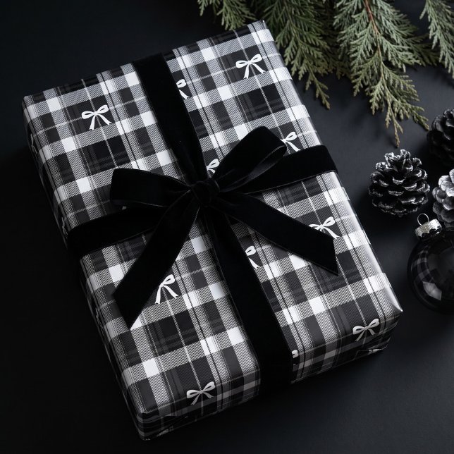 Klassisk svart-vit rosett jul tartan rutig presentpapper (Classic Black White Bow Christmas Tartan Plaid Wrapping Paper)