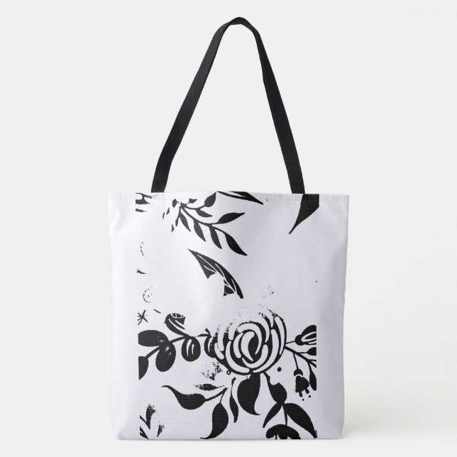 Klassisk svart & vit urblekt blomstermönstrad canv tygkasse (Framsida)