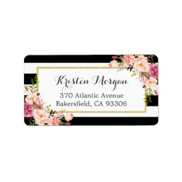 Klassisk svartvit Rand Rosa Blommigt Decor Adressetikett