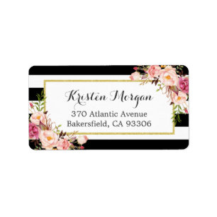 Klassisk svartvit Rand Rosa Blommigt Decor Adressetikett
