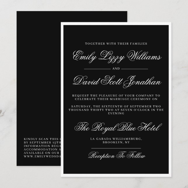 Klassisk svartvitt QR-Elegant Inbjudningar (Fram/baksida)