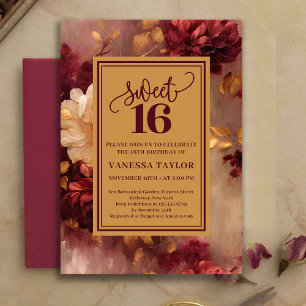 Klassisk Sweet Sixteen Burgunder Rosa Blommig Inbj Inbjudningar