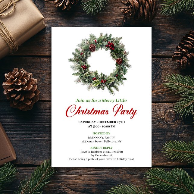 Klassisk tallkrans julfest redigerbar inbjudningar (Classic Pine Wreath Christmas Party Editable)