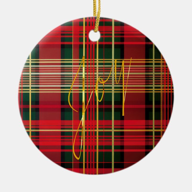 Klassisk tartan "Joy" Calligraphy Decorative Julgransprydnad Keramik (Framsidan)